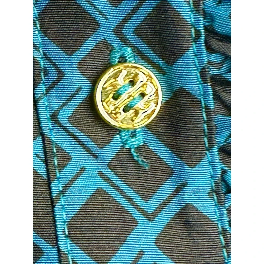 Tory‎ Burch Blue Black Geometric Ruffle Collar Sleeveless 100% Silk Blouse-Sz 8